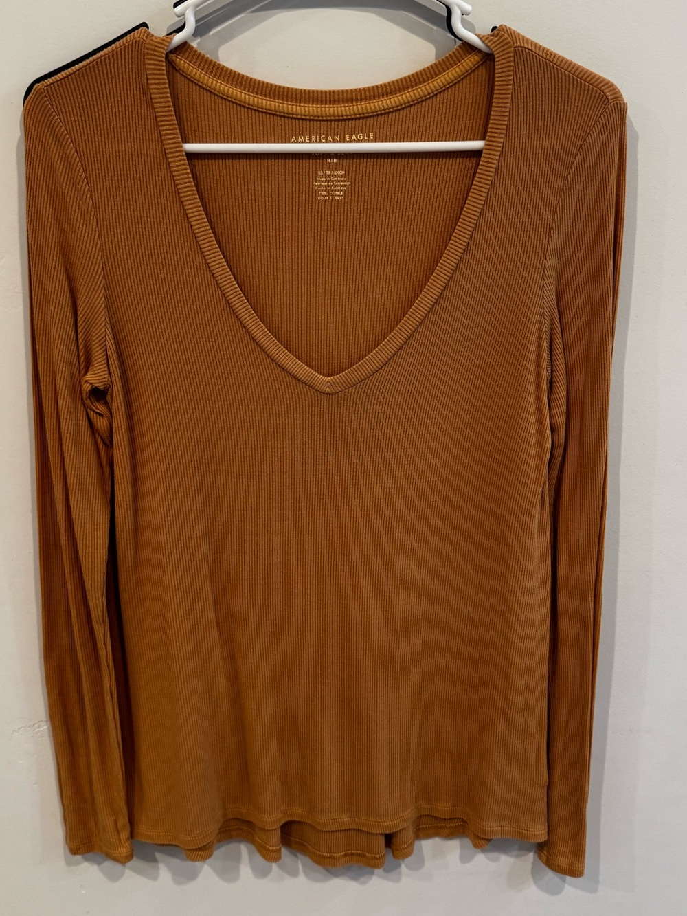 American Eagle Outfitters Ribbed V-Neck Long Sleeve Top — Rust Brown